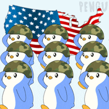 a group of penguins in military uniforms salute in front of a flag