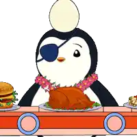 a penguin wearing an eye patch is holding a turkey