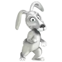 a white cartoon rabbit with blue eyes is standing on its hind legs