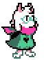 a pixel art of a cat with a pink scarf holding a sword .