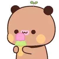 a cartoon bear is eating an ice cream cone with a plant on his head .