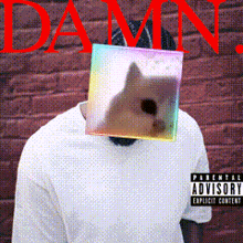 a man wearing a white shirt with a picture of a cat on his face and a parental advisory explicit content sticker