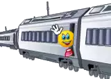 a cartoon train with a yellow smiley face on the side