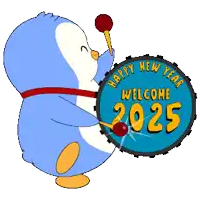 a blue penguin is playing a drum that says happy new year welcome 2025