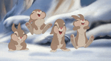 three cartoon rabbits are jumping in the air and laughing