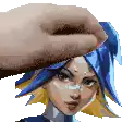 a pixel art of a hand touching the head of a girl with blue hair .