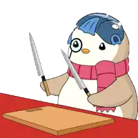 a penguin with a scarf around its neck is holding two knives in front of a cutting board