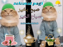 a cat wearing a green hat is next to a cup of coffee and a basket of flowers