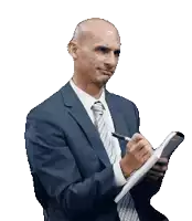 a man in a suit and tie is writing on a notepad