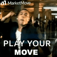 a man is dancing in a hallway with the words play your move above him