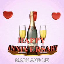 a bottle of bollinger champagne surrounded by two glasses and the words happy anniversary mark and liz