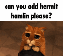a picture of a cat with the words " can you add hermit hamlin please " above it