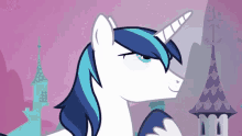 a cartoon unicorn with blue hair and a horn
