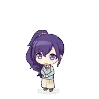 a pixel art drawing of a girl with purple hair and blue eyes standing on a white background .