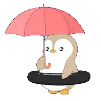 a penguin is holding an umbrella in the rain while wearing a life preserver
