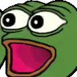 a green frog with big eyes and a pink mouth is making a surprised face .