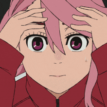 a girl with pink hair has her hands on her head and a surprised look on her face