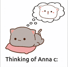 a drawing of a cat laying on a pink pillow with the words thinking of anna c. below it