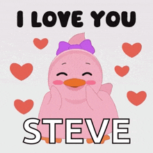 a pink duck with hearts and the words i love you steve behind it