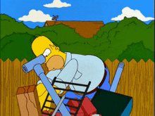 a cartoon of homer simpson looking through a telescope in the backyard