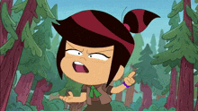 a cartoon girl with a purple bracelet on her wrist is standing in a forest