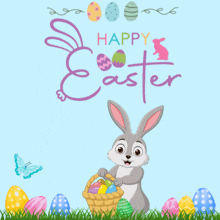 a happy easter card with a bunny holding a basket of easter eggs