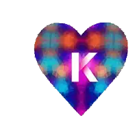 a purple heart with a white letter k on it