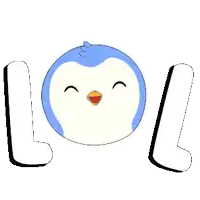 a blue and white penguin is smiling with the word lol behind it