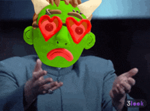 a man wearing a green mask with red heart shaped glasses and the number 31 on the bottom