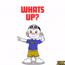 a cartoon character says whats up in red