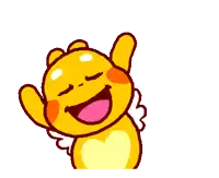 a cartoon character with wings and a heart on his chest is laughing and waving his arms in the air .