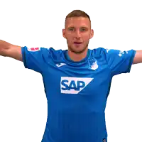 a man wearing a blue shirt with the letter h on the sleeve