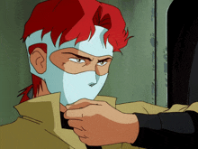 a cartoon character with red hair and a white mask on his face