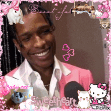 a picture of a man in a pink suit with the words beautiful sweetheart and baby cat on it
