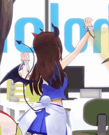 a girl with devil horns and tail is standing in front of a blue sign that says ' odor '