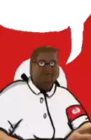 a cartoon drawing of a man wearing glasses and a red armband with a speech bubble behind him