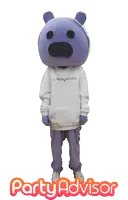a party advisor mascot wearing a white sweatshirt