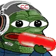 a cartoon frog wearing headphones and a helmet is holding a red object in its mouth .