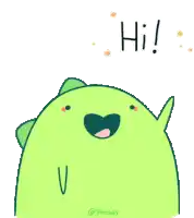 a cartoon drawing of a green monster says hi