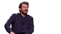 a man in a blue shirt is making a gesture that says bum