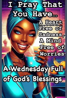 a wednesday full of god 's blessings poster with a woman smiling and holding a cup of coffee