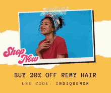 an advertisement for remy hair shows a woman wearing a scarf