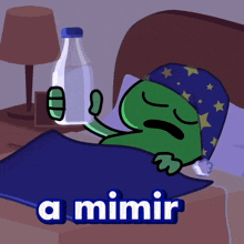 a cartoon of a frog sleeping with a bottle of milk and the words a mimir below it
