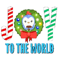 a penguin is in a christmas wreath with the words joy to the world below it