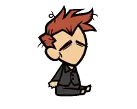 a cartoon character with red hair is sitting down with a black circle around his head