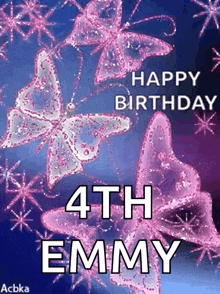a 4th birthday card for emmy with pink butterflies on a purple background