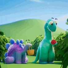 a purple dinosaur and a green dinosaur are standing next to each other in a field