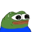 a green frog with big eyes and a blue shirt on is looking at the camera .