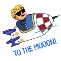 a cartoon of a man flying a rocket with the words to the moon below him