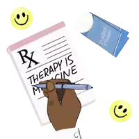 a hand is writing on a prescription pad that says therapy is medicine